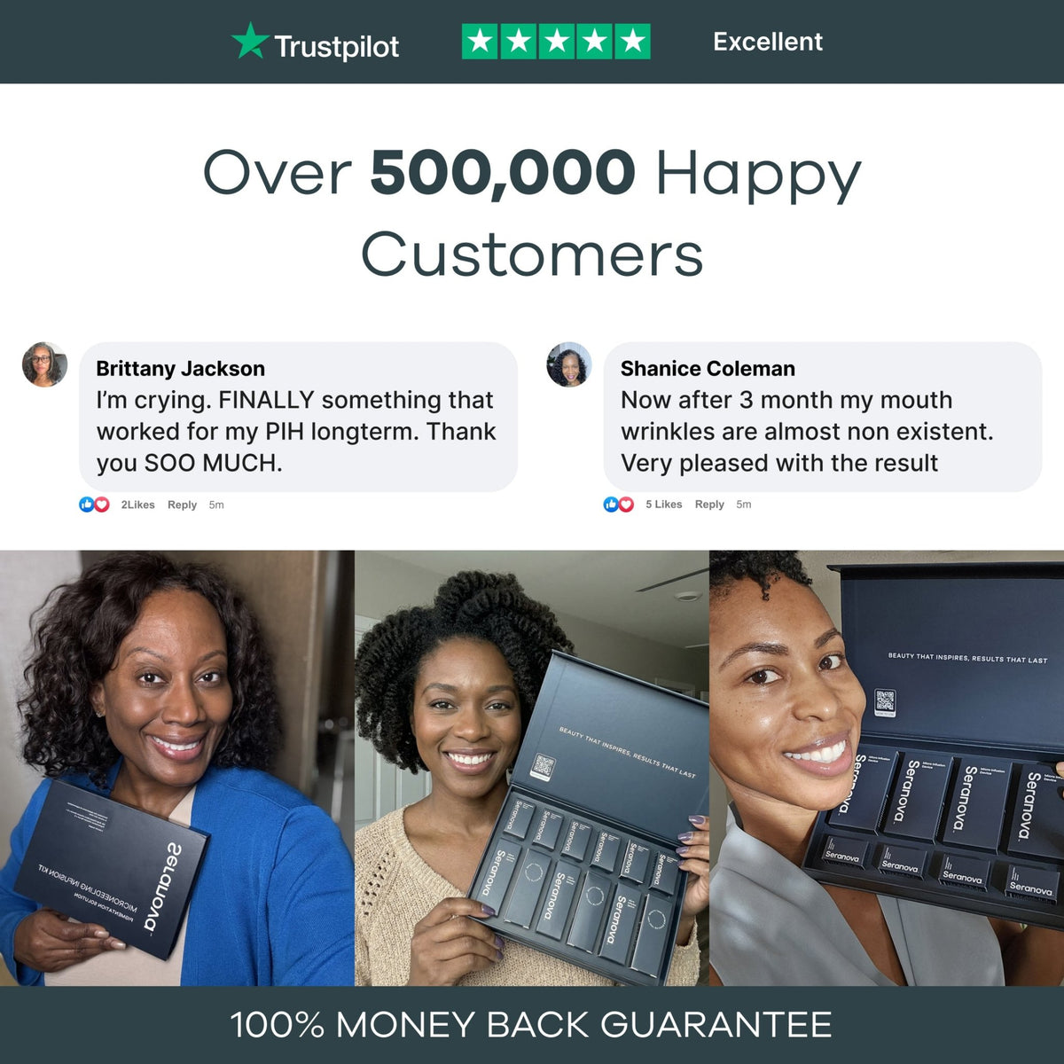 Trustpilot rated Excellent with over 500,000 customers and three customers holding the Seranova dark spot kit