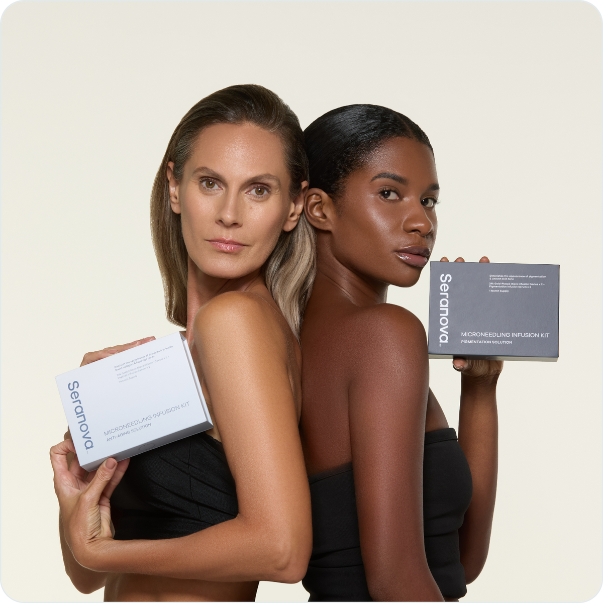 Two Seranova members holding Microneedling Infusion Kits