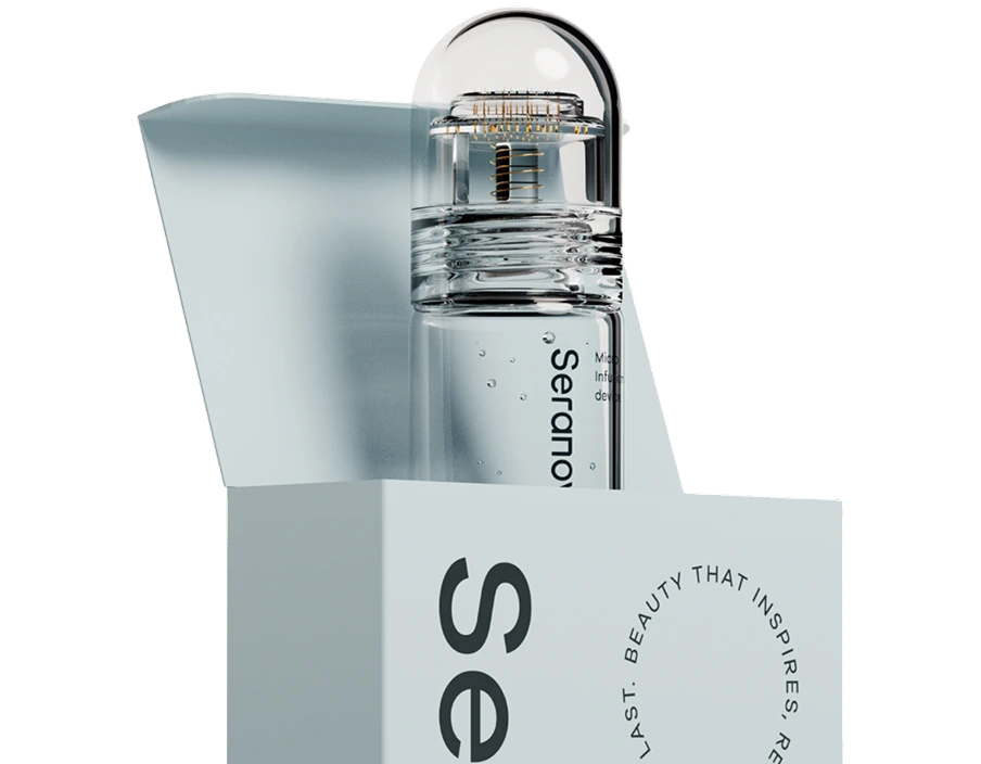 A clear container with a rounded top, partially inside a light blue box.